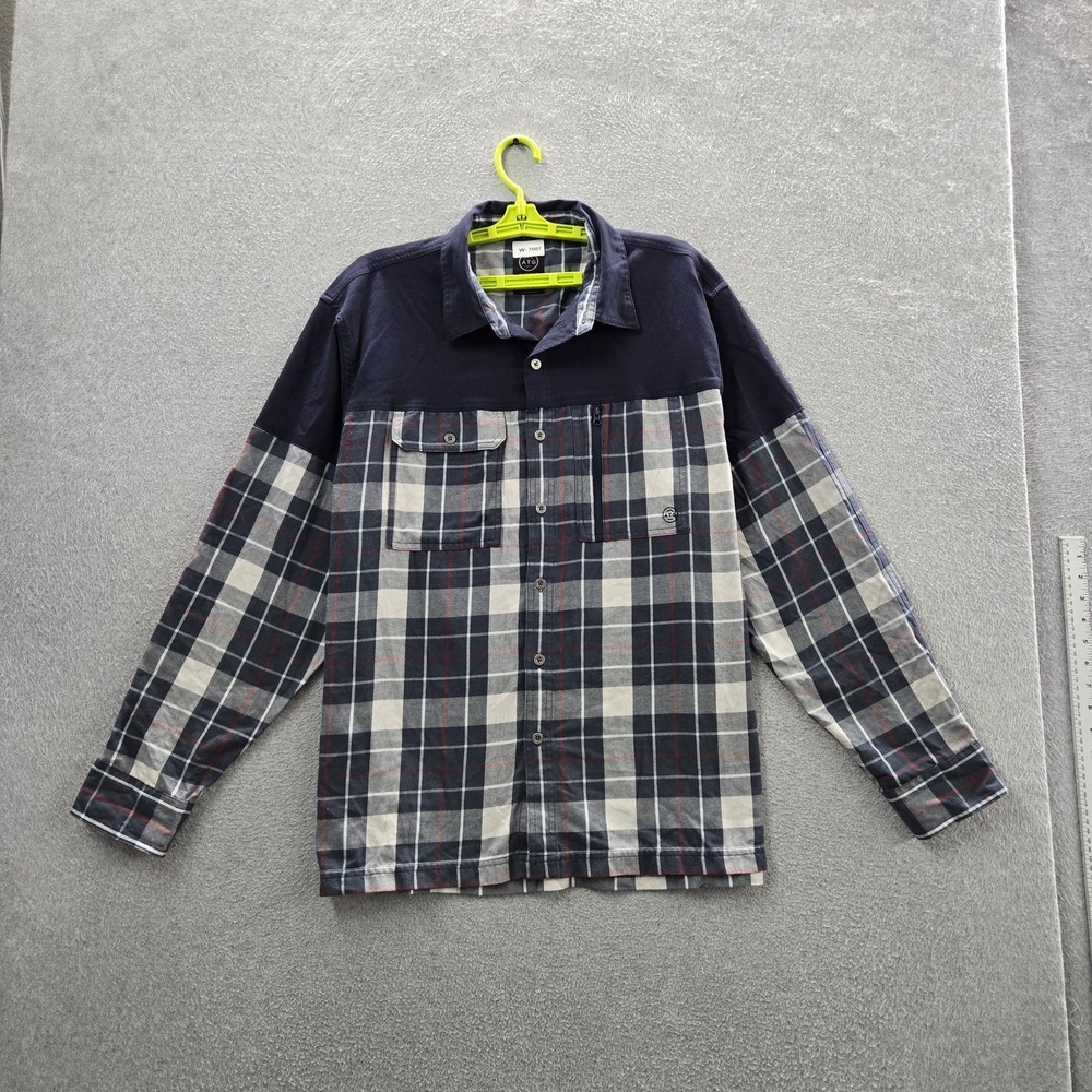 Wrangler Men Button Up Shirt XL Blue Cotton Nylon Plaid Flannel ATG All Terrain